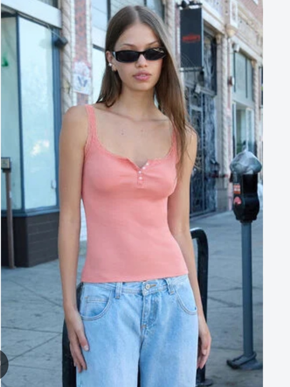 Brandy Melville J. Galt Maya Coral Lace-Trim Button Tank Top OS